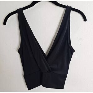 Revamped Black Deep-V Front & Back Faux Wrap Knit Crop Top Small